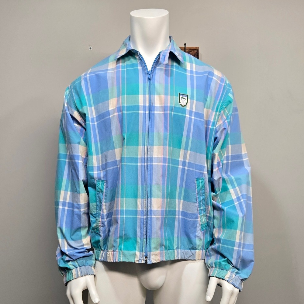 Izod Lacoste‎ Jacket Mens Large Blue Pastel Plaid Windbreaker Harrington Vintage